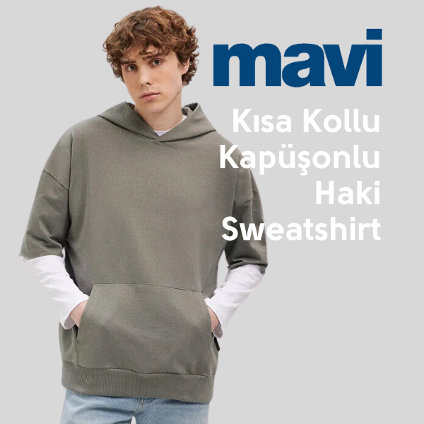 Kısa Kollu Kapüşonlu Haki Sweatshirt