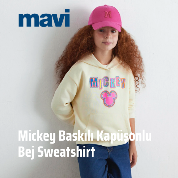 Mavi Mickey Baskılı Kapüşonlu Bej Sweatshirt