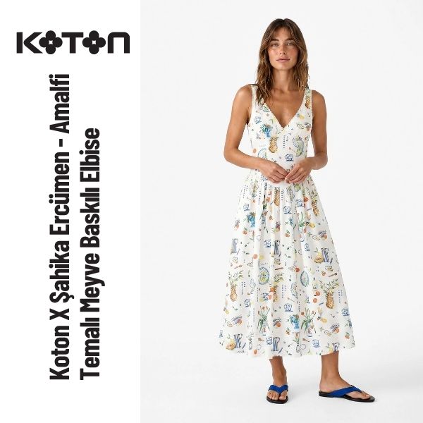 Koton X Şahika Ercümen - Amalfi Temalı Meyve Baskılı Dantelli Korseli Kalp Yaka Askılı Poplin Elbise